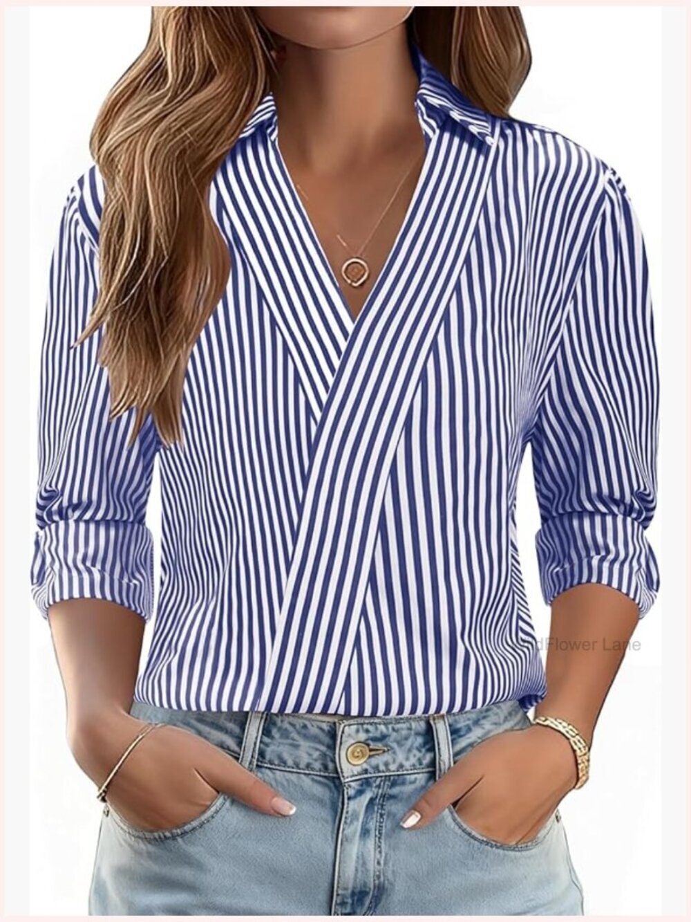 3/4 Sleeve V Neck Collared Blouse Dressy Business Casual Work Top